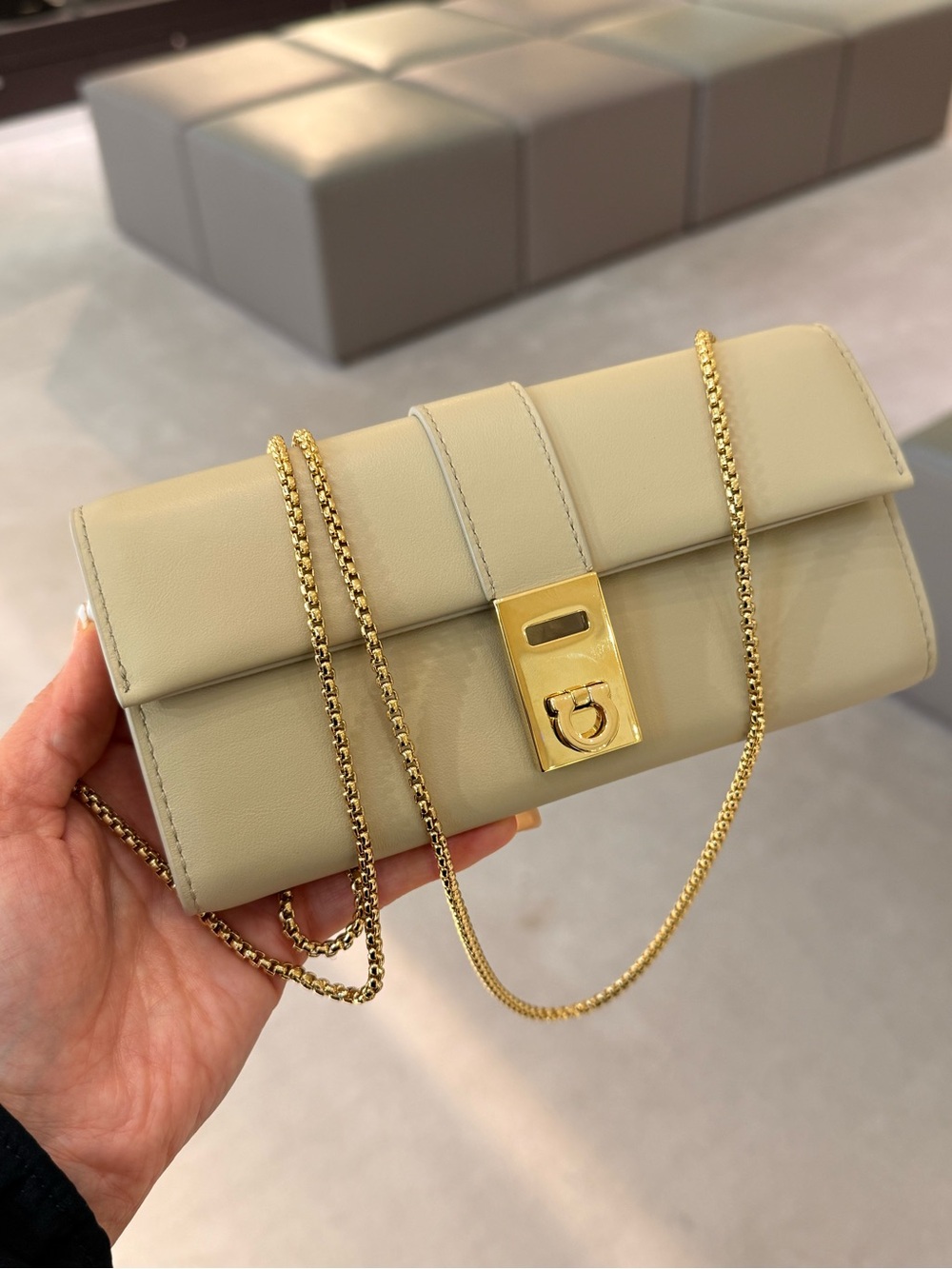 $995 Salvatore Ferragamo Hug Wallet Chain - Stone - Picture 6 of 12